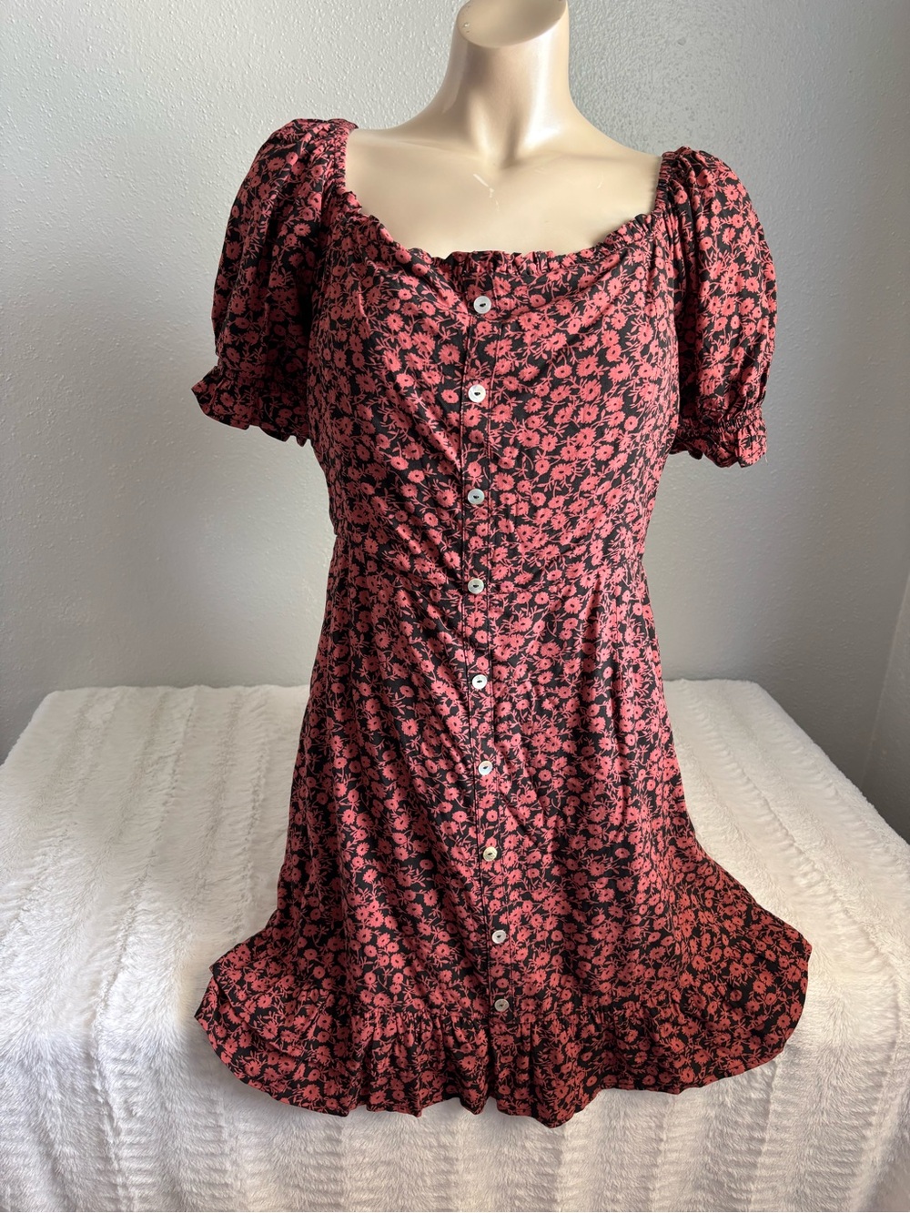 Lost and Wander Floral Button-Front Puff Sleeve Mini Dress Cottagecore  Boho New